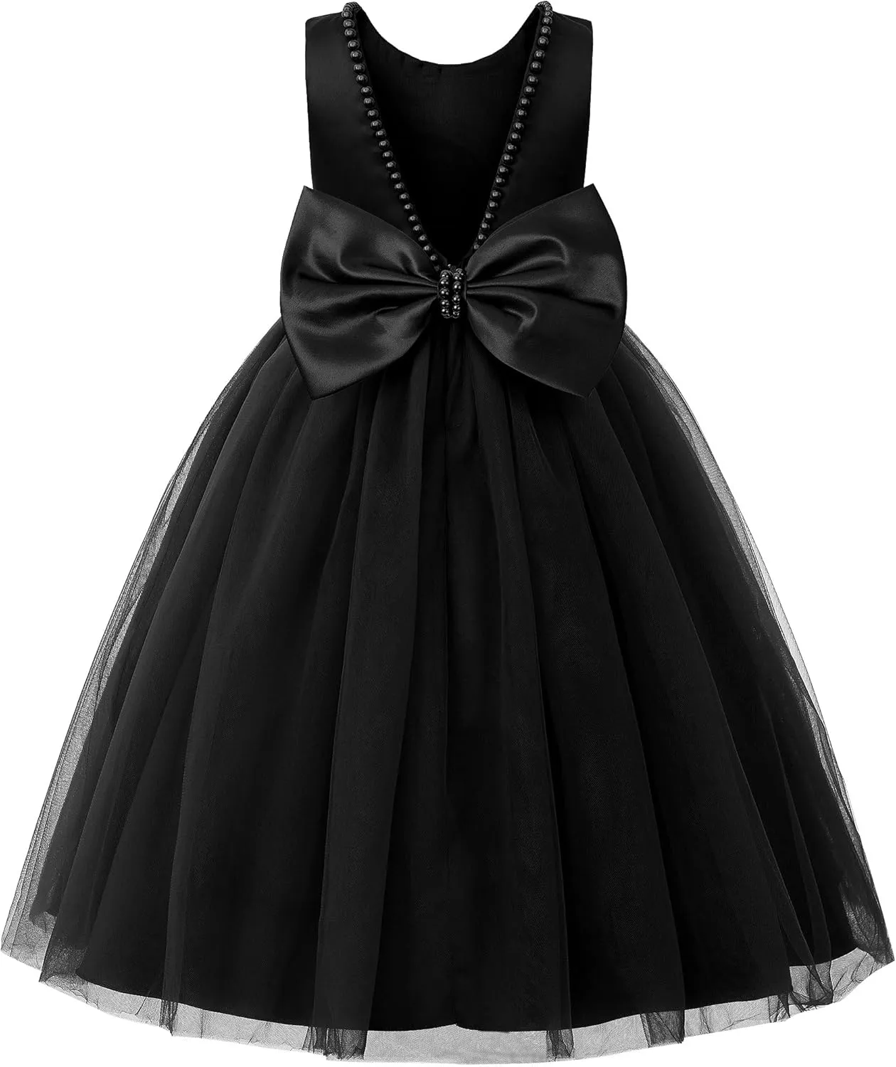 JerrisApparel Flower Girl Dress Sleeveless Tulle Skirt Pearl Trim Back Bow Wedding Party Gown
