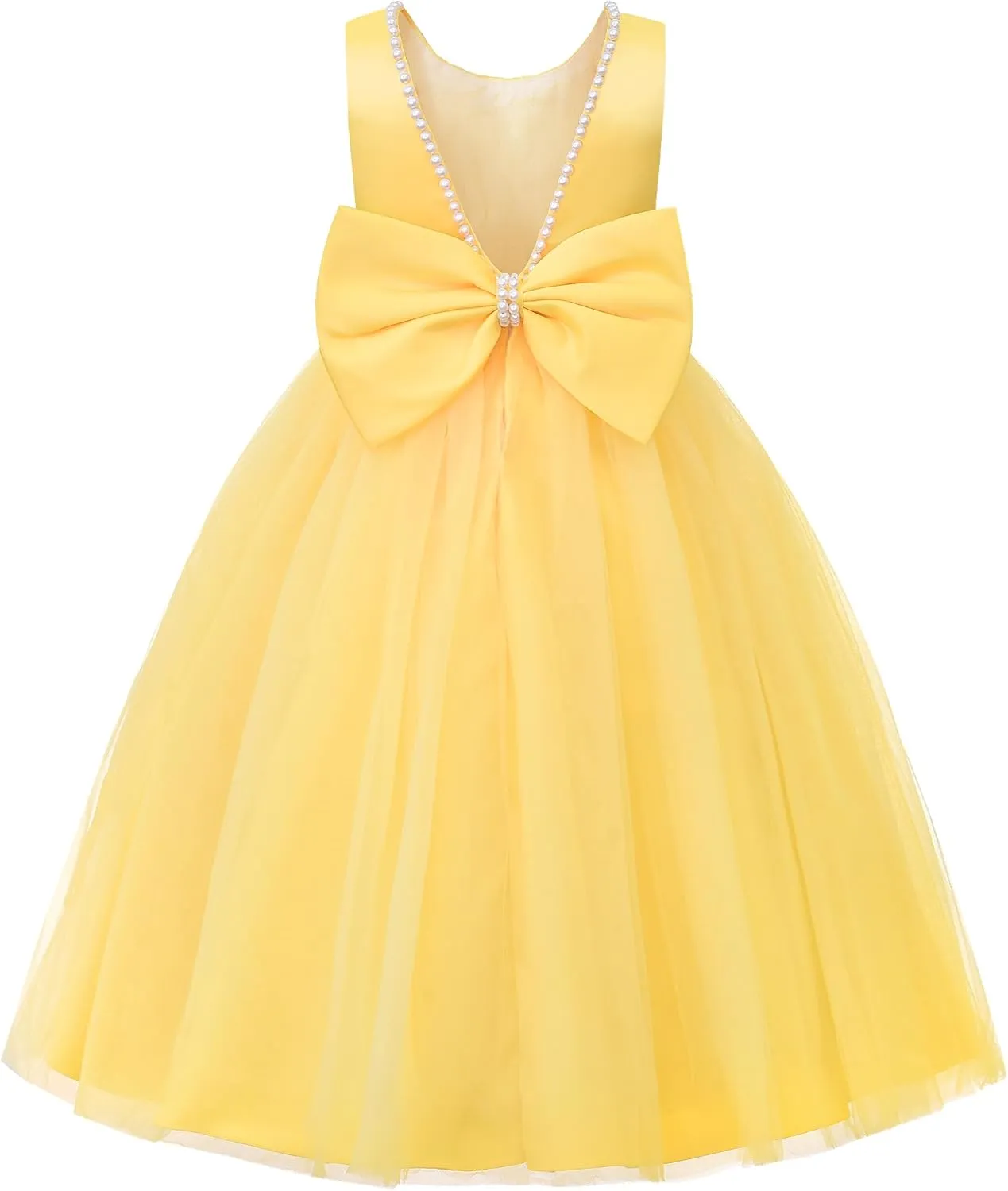 JerrisApparel Flower Girl Dress Sleeveless Tulle Skirt Pearl Trim Back Bow Wedding Party Gown