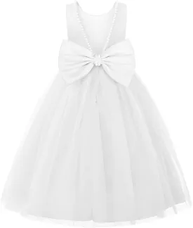 JerrisApparel Flower Girl Dress Sleeveless Tulle Skirt Pearl Trim Back Bow Wedding Party Gown
