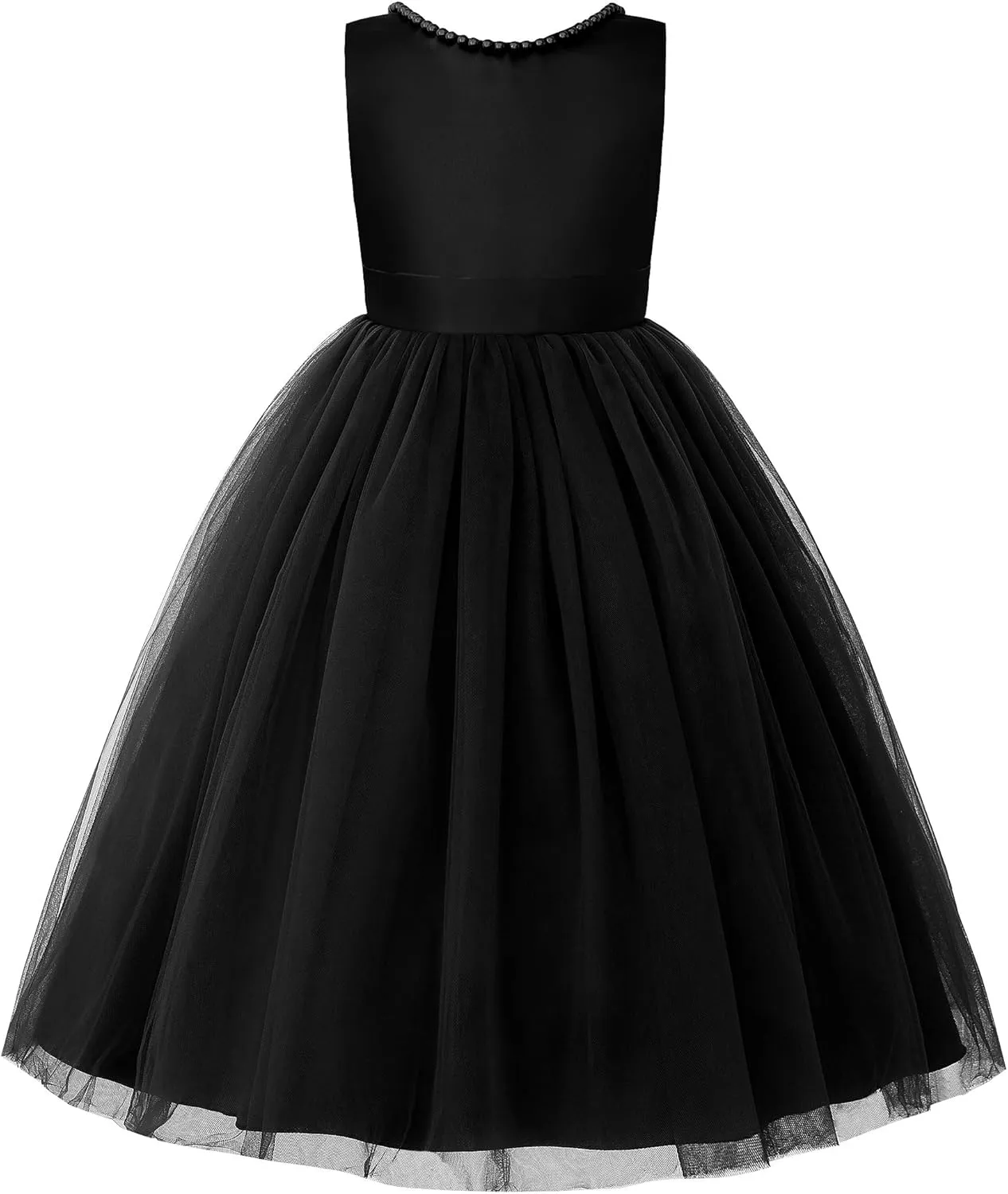 JerrisApparel Flower Girl Dress Sleeveless Tulle Skirt Pearl Trim Back Bow Wedding Party Gown