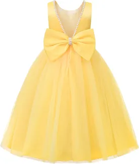 JerrisApparel Flower Girl Dress Sleeveless Tulle Skirt Pearl Trim Back Bow Wedding Party Gown