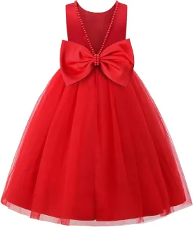 JerrisApparel Flower Girl Dress Sleeveless Tulle Skirt Pearl Trim Back Bow Wedding Party Gown