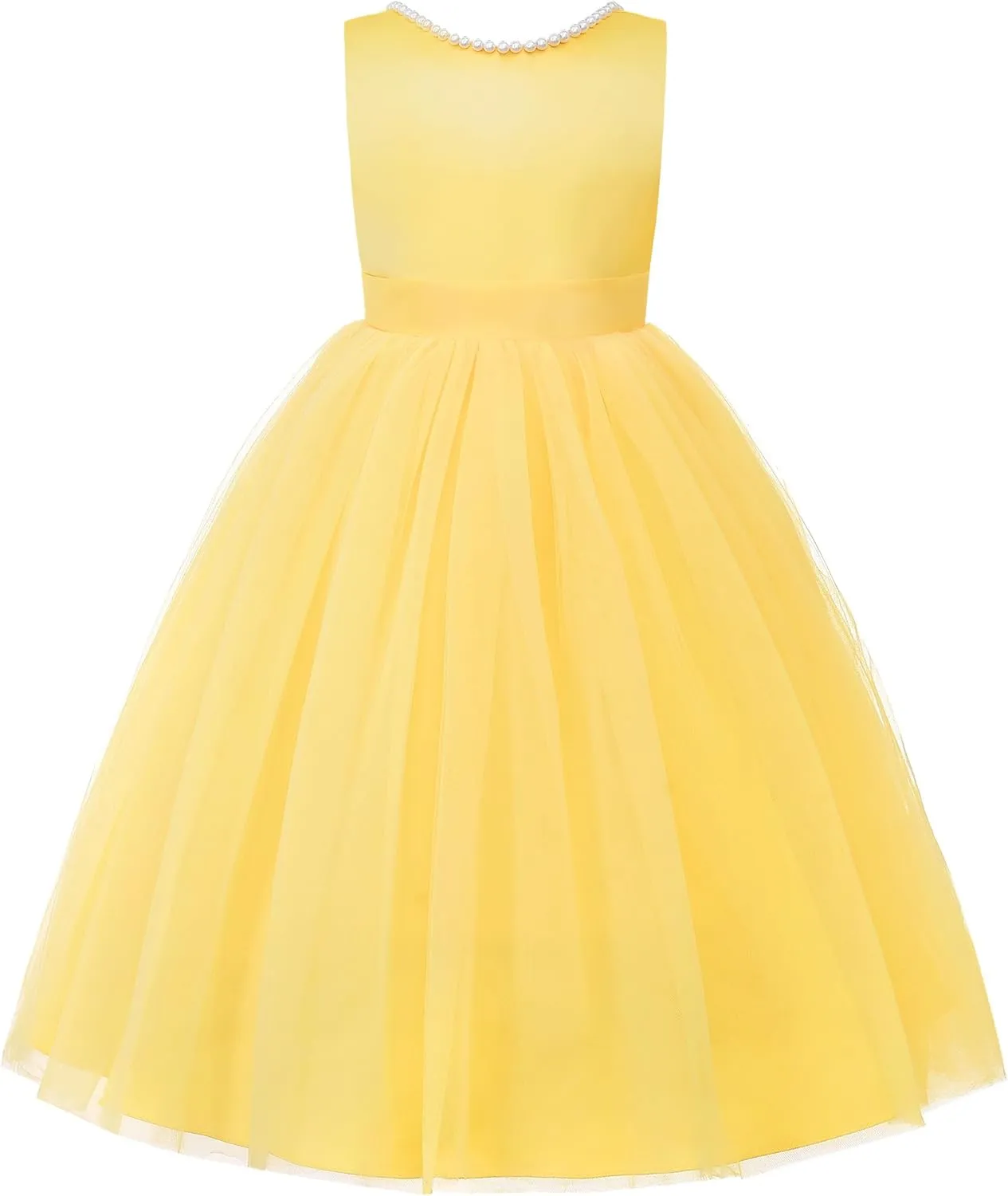 JerrisApparel Flower Girl Dress Sleeveless Tulle Skirt Pearl Trim Back Bow Wedding Party Gown