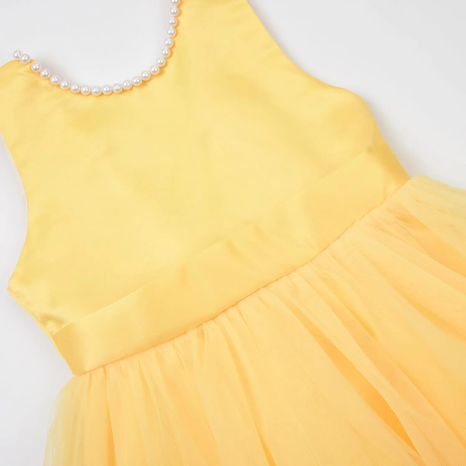 JerrisApparel Flower Girl Dress Sleeveless Tulle Skirt Pearl Trim Back Bow Wedding Party Gown