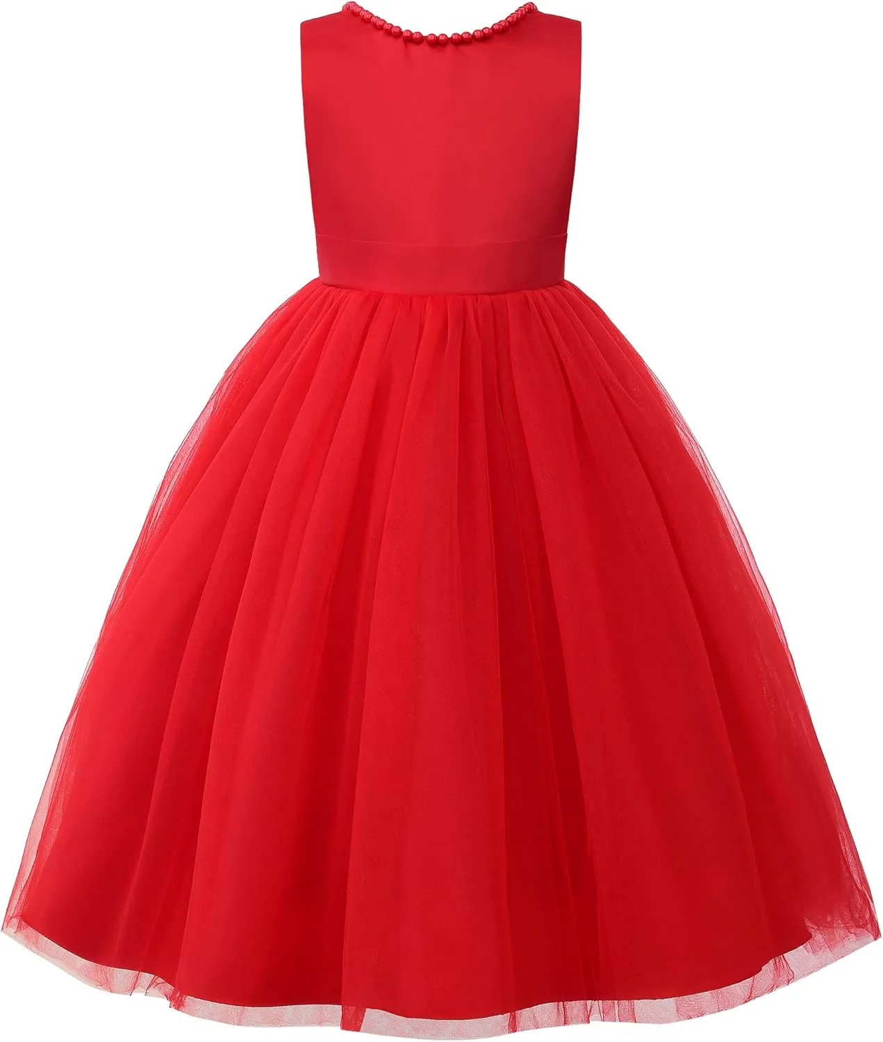 JerrisApparel Flower Girl Dress Sleeveless Tulle Skirt Pearl Trim Back Bow Wedding Party Gown