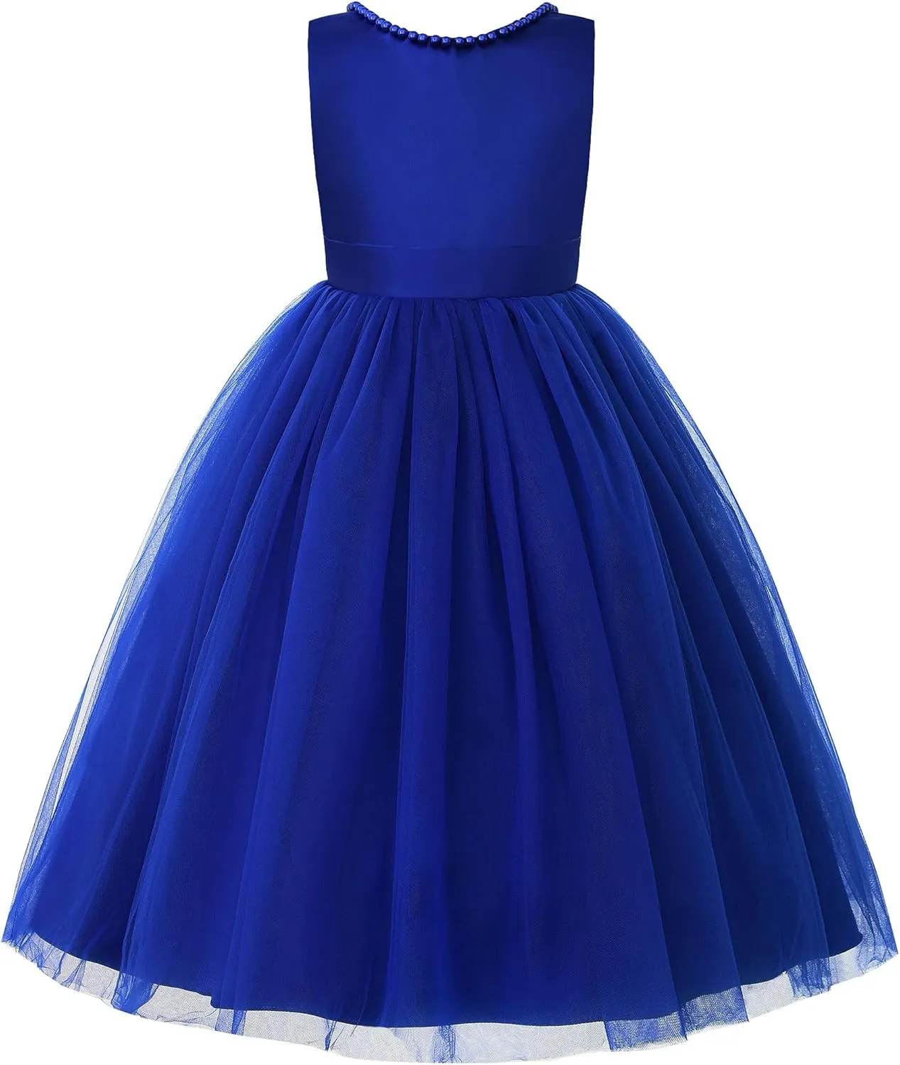 JerrisApparel Flower Girl Dress Sleeveless Tulle Skirt Pearl Trim Back Bow Wedding Party Gown
