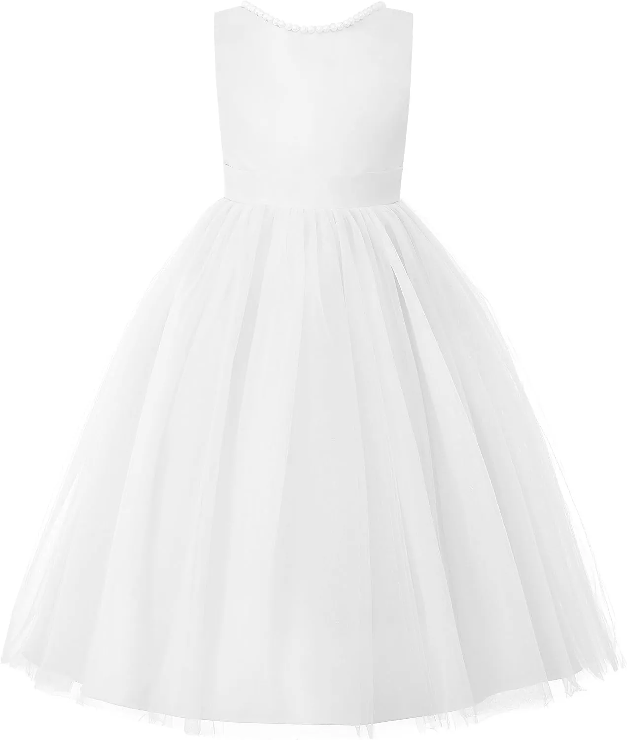 JerrisApparel Flower Girl Dress Sleeveless Tulle Skirt Pearl Trim Back Bow Wedding Party Gown