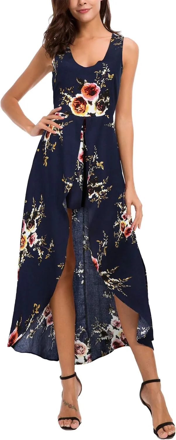 Kormei Womens Sleeveless Scoop Neck Floral Rayon Party Split Maxi Romper Dress