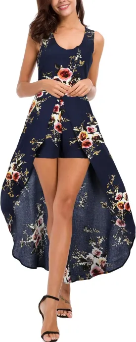 Kormei Womens Sleeveless Scoop Neck Floral Rayon Party Split Maxi Romper Dress