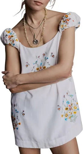 Linen Mini Cute Dress Women Floral Embroidered Dress with Crew Neck and Sleeveless Casual Guest Vintage Dresses