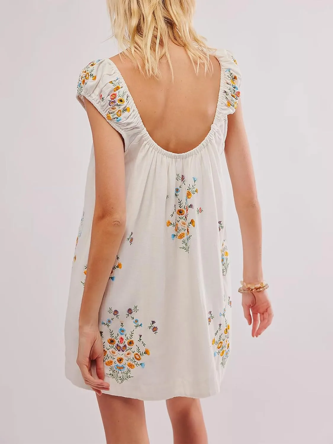 Linen Mini Cute Dress Women Floral Embroidered Dress with Crew Neck and Sleeveless Casual Guest Vintage Dresses