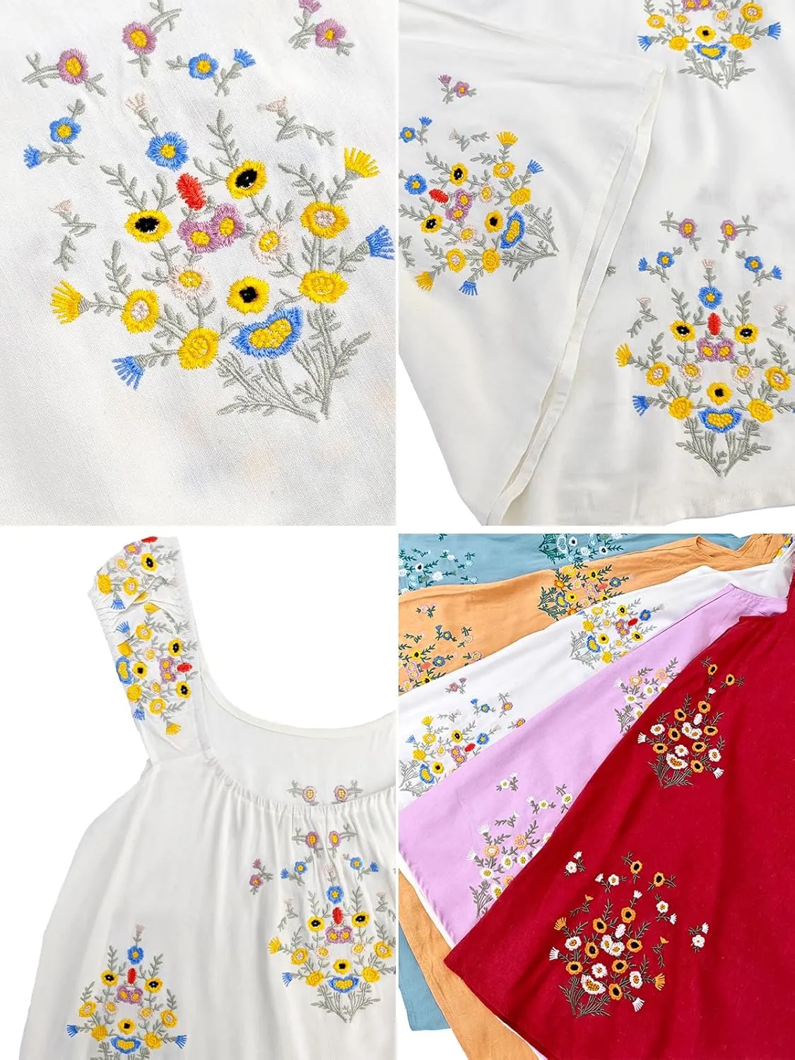 Linen Mini Cute Dress Women Floral Embroidered Dress with Crew Neck and Sleeveless Casual Guest Vintage Dresses
