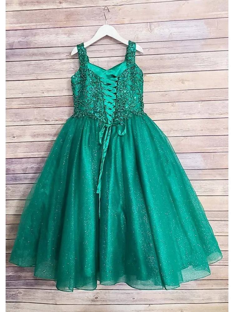 Little Girls Emerald Green Embroidered Bodice Tulle Gown 2-6