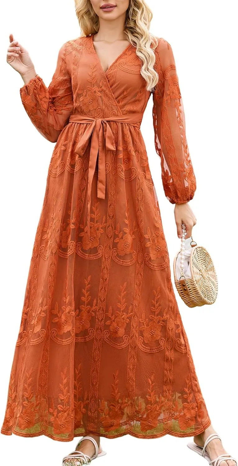 LRISES Womens V Neck Floral Embroidered Lace Wedding Maxi Dress Boho Short Sleeve Slit Bridesmaid Evening Party Dresses