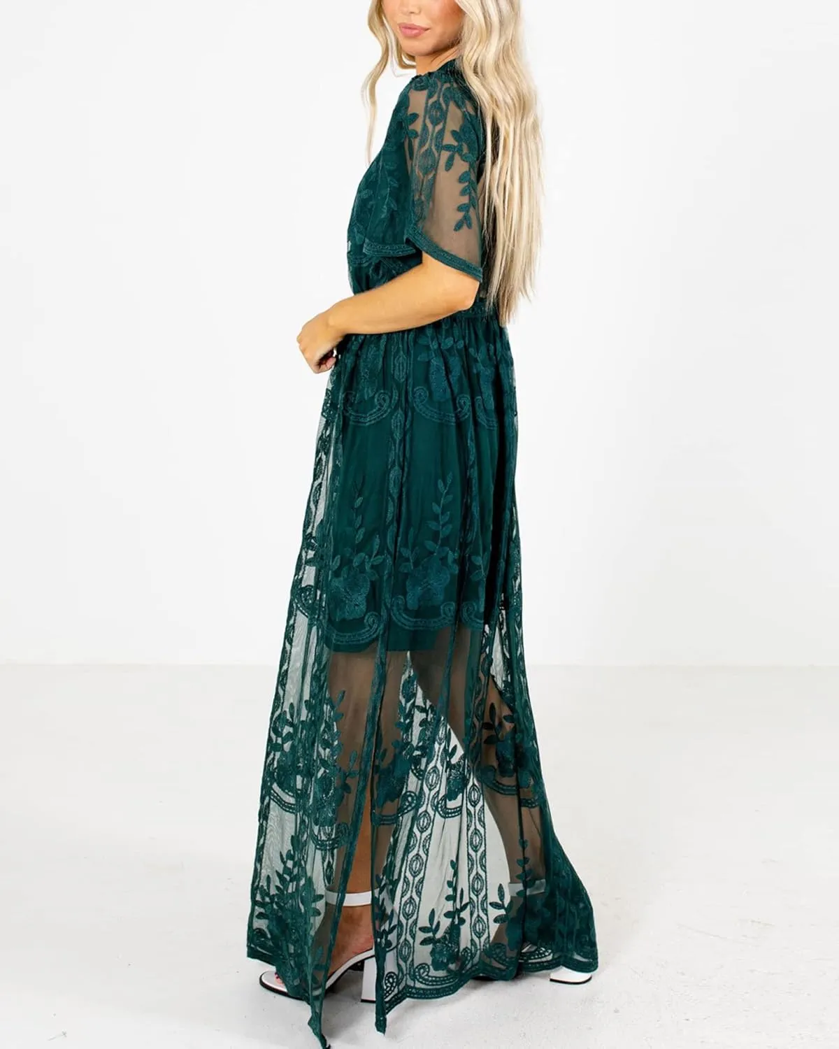 LRISES Womens V Neck Floral Embroidered Lace Wedding Maxi Dress Boho Short Sleeve Slit Bridesmaid Evening Party Dresses