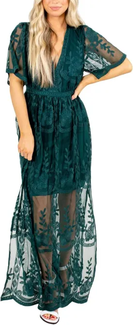 LRISES Womens V Neck Floral Embroidered Lace Wedding Maxi Dress Boho Short Sleeve Slit Bridesmaid Evening Party Dresses