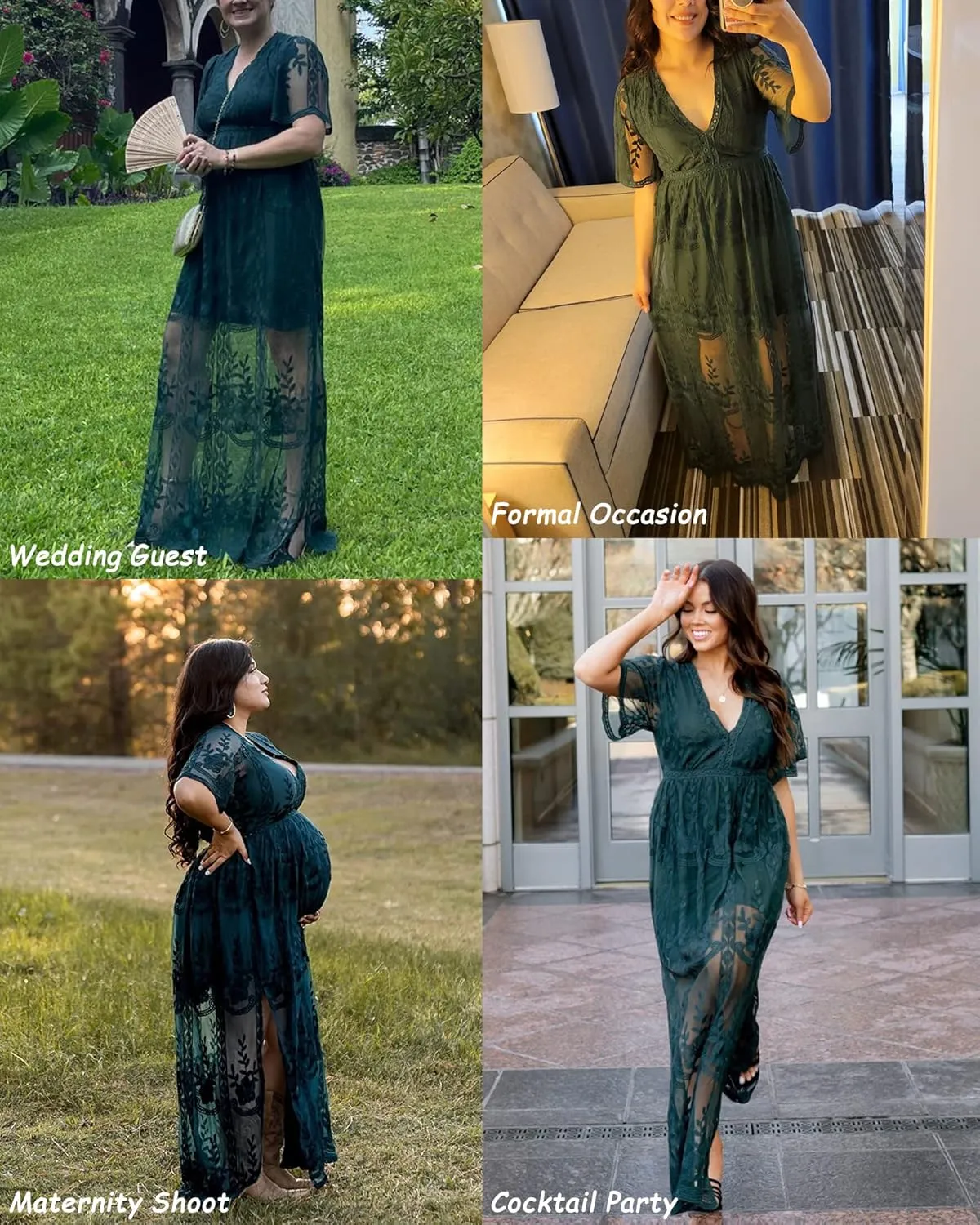 LRISES Womens V Neck Floral Embroidered Lace Wedding Maxi Dress Boho Short Sleeve Slit Bridesmaid Evening Party Dresses