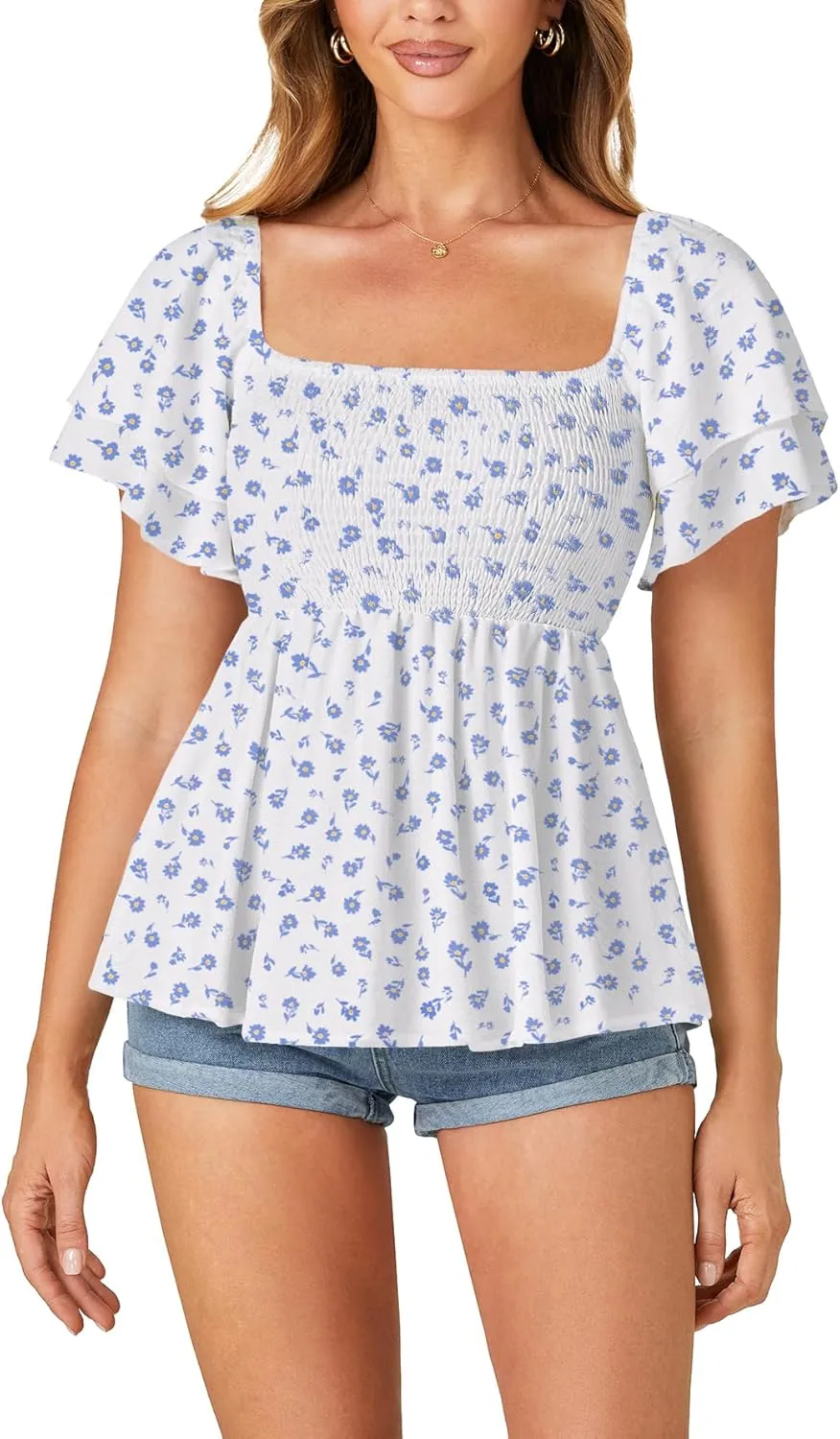 LYANER Womens Square Neck Smocked Peplum Top Ruffle Short Sleeve Babydoll Shirred Blouse