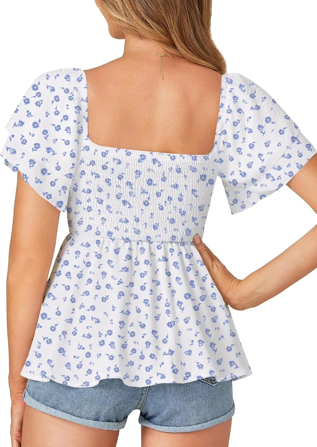 LYANER Womens Square Neck Smocked Peplum Top Ruffle Short Sleeve Babydoll Shirred Blouse
