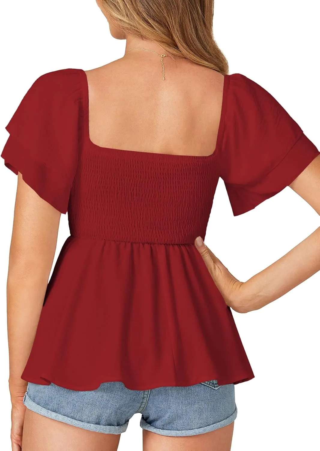 LYANER Womens Square Neck Smocked Peplum Top Ruffle Short Sleeve Babydoll Shirred Blouse