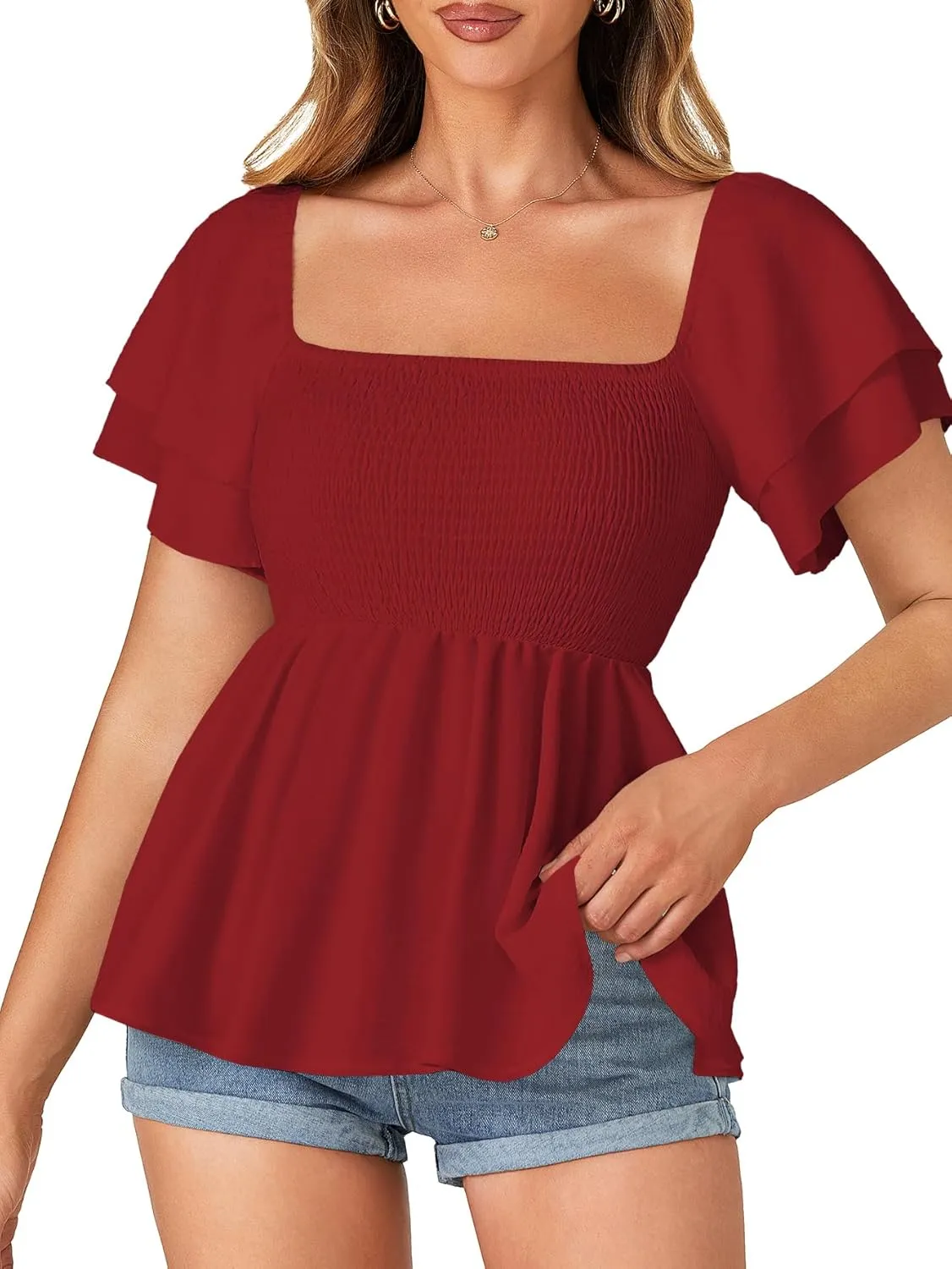 LYANER Womens Square Neck Smocked Peplum Top Ruffle Short Sleeve Babydoll Shirred Blouse