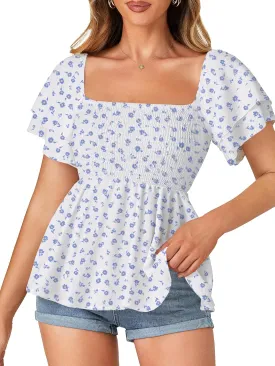 LYANER Womens Square Neck Smocked Peplum Top Ruffle Short Sleeve Babydoll Shirred Blouse