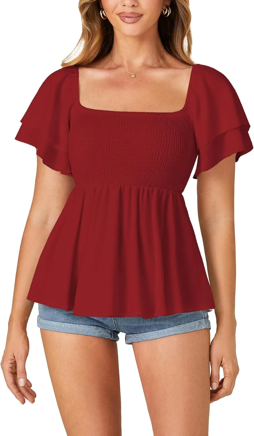 LYANER Womens Square Neck Smocked Peplum Top Ruffle Short Sleeve Babydoll Shirred Blouse