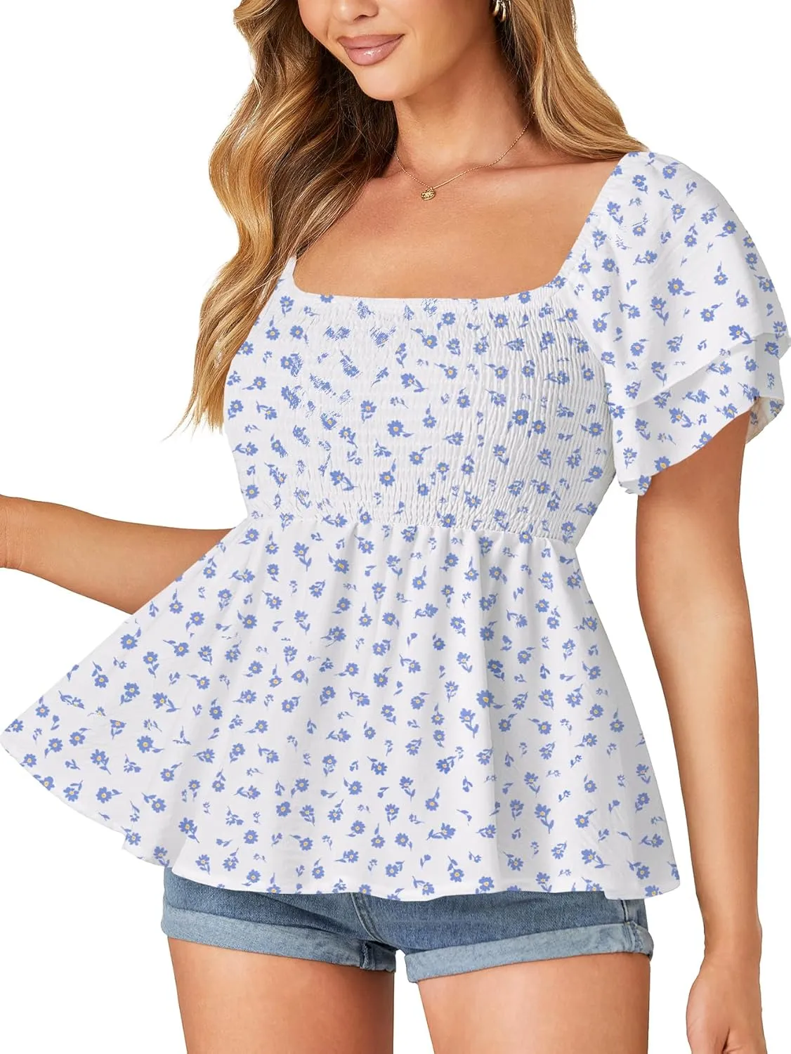 LYANER Womens Square Neck Smocked Peplum Top Ruffle Short Sleeve Babydoll Shirred Blouse