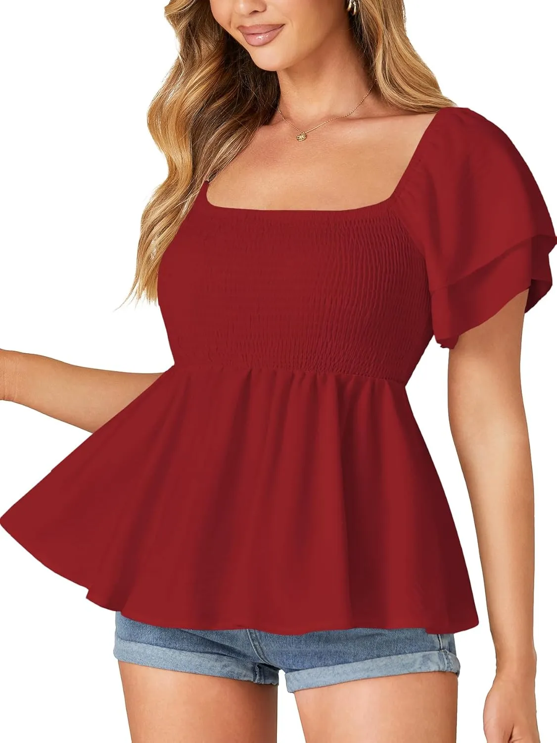 LYANER Womens Square Neck Smocked Peplum Top Ruffle Short Sleeve Babydoll Shirred Blouse