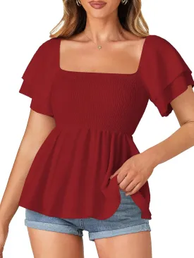 LYANER Womens Square Neck Smocked Peplum Top Ruffle Short Sleeve Babydoll Shirred Blouse