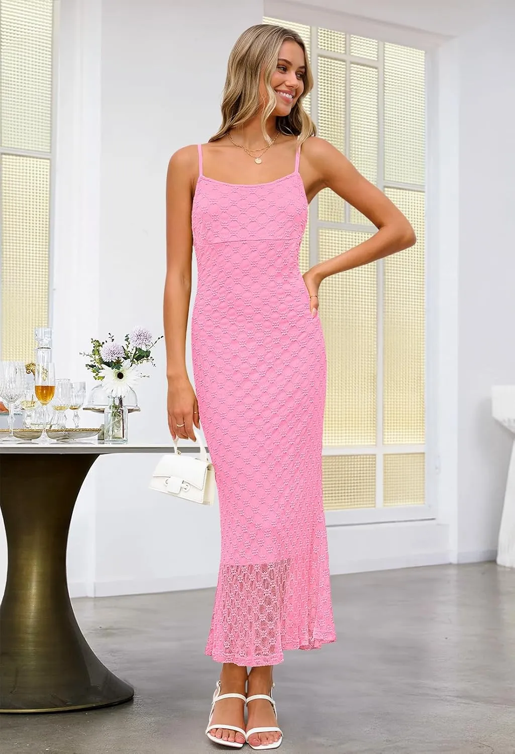 MEROKEETY Women's Summer Bodycon Spaghetti Strap Dress Square Neck Lace Wedding Guest Cocktail Maxi Dresses