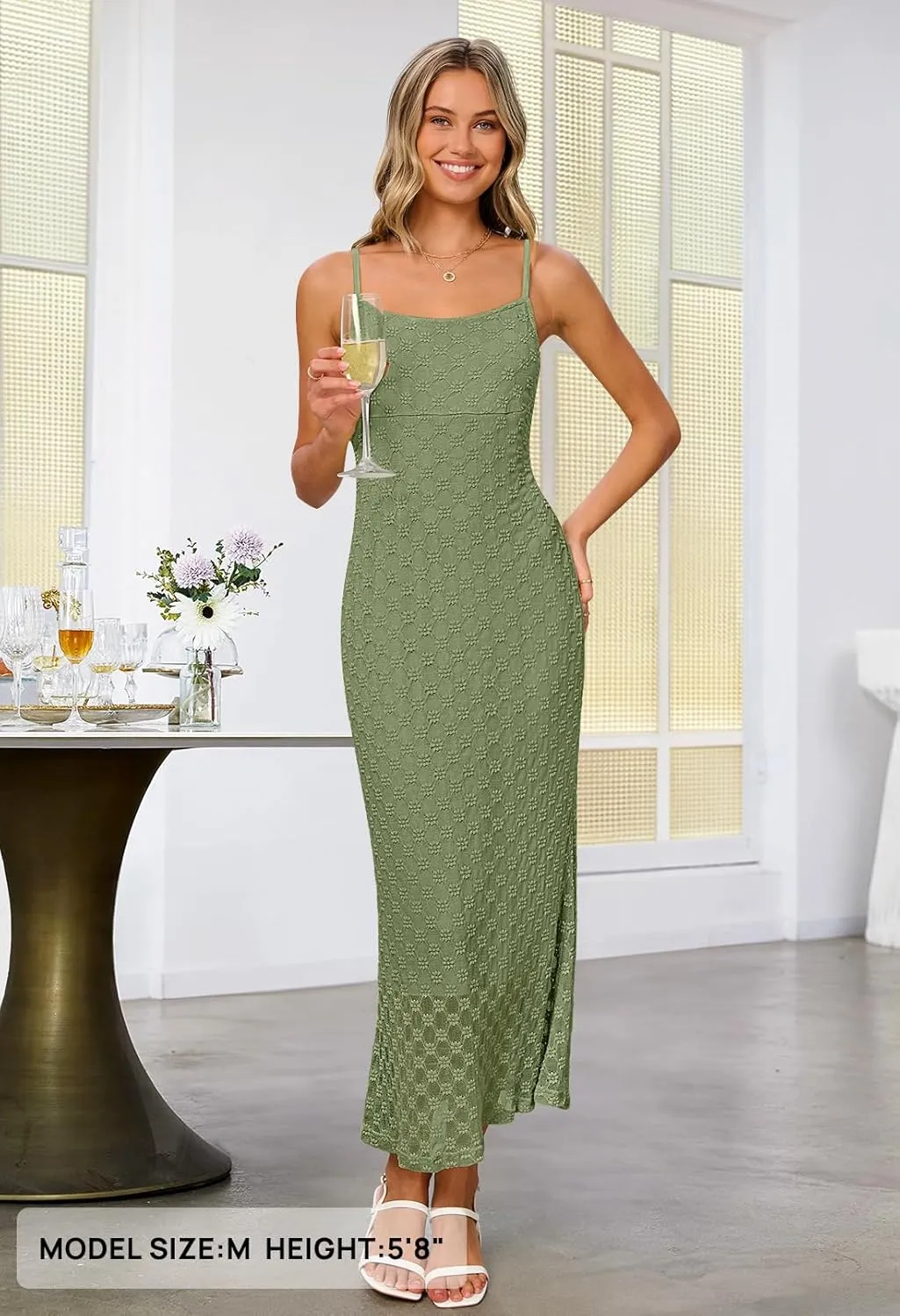 MEROKEETY Women's Summer Bodycon Spaghetti Strap Dress Square Neck Lace Wedding Guest Cocktail Maxi Dresses
