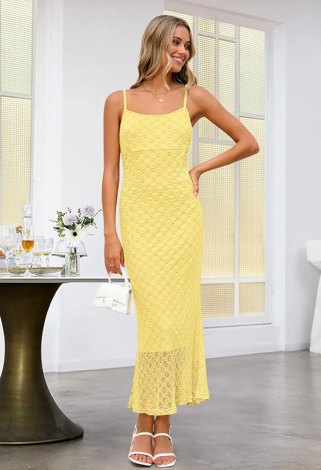 MEROKEETY Women's Summer Bodycon Spaghetti Strap Dress Square Neck Lace Wedding Guest Cocktail Maxi Dresses