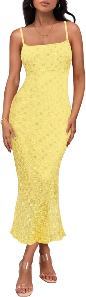 MEROKEETY Women's Summer Bodycon Spaghetti Strap Dress Square Neck Lace Wedding Guest Cocktail Maxi Dresses