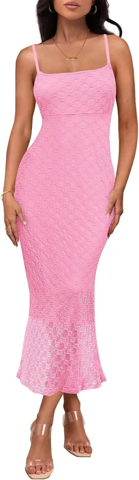 MEROKEETY Women's Summer Bodycon Spaghetti Strap Dress Square Neck Lace Wedding Guest Cocktail Maxi Dresses