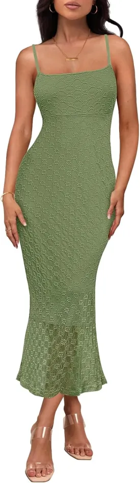 MEROKEETY Women's Summer Bodycon Spaghetti Strap Dress Square Neck Lace Wedding Guest Cocktail Maxi Dresses