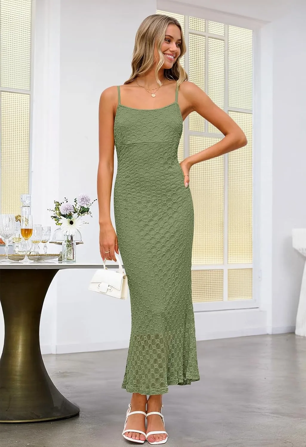 MEROKEETY Women's Summer Bodycon Spaghetti Strap Dress Square Neck Lace Wedding Guest Cocktail Maxi Dresses
