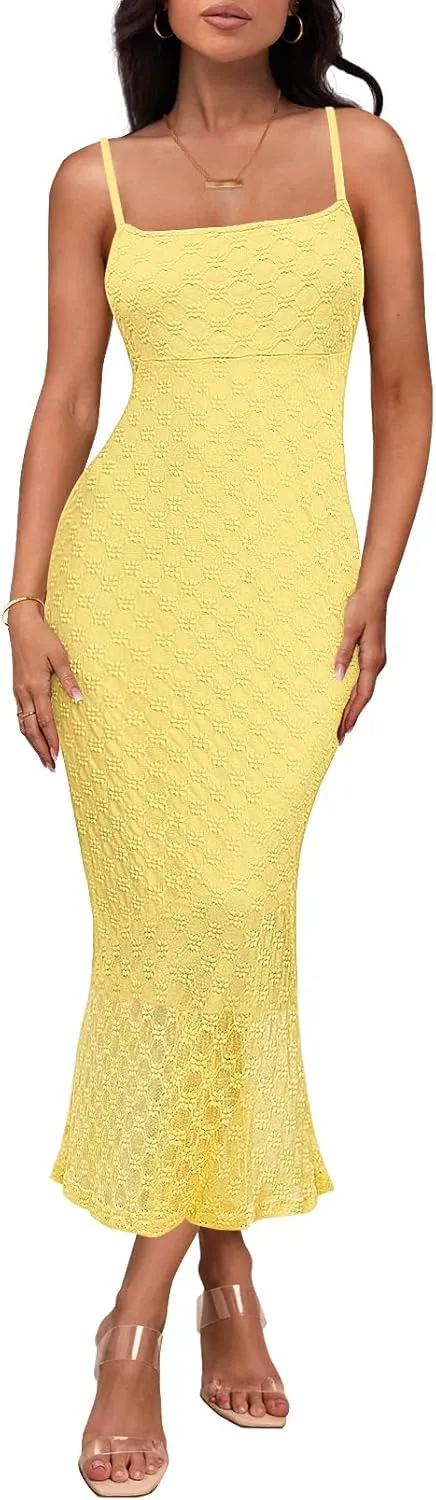 MEROKEETY Women's Summer Bodycon Spaghetti Strap Dress Square Neck Lace Wedding Guest Cocktail Maxi Dresses