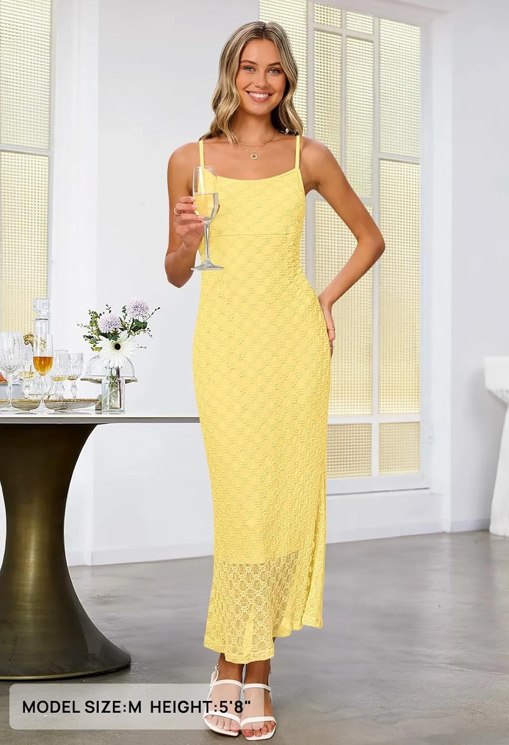 MEROKEETY Women's Summer Bodycon Spaghetti Strap Dress Square Neck Lace Wedding Guest Cocktail Maxi Dresses