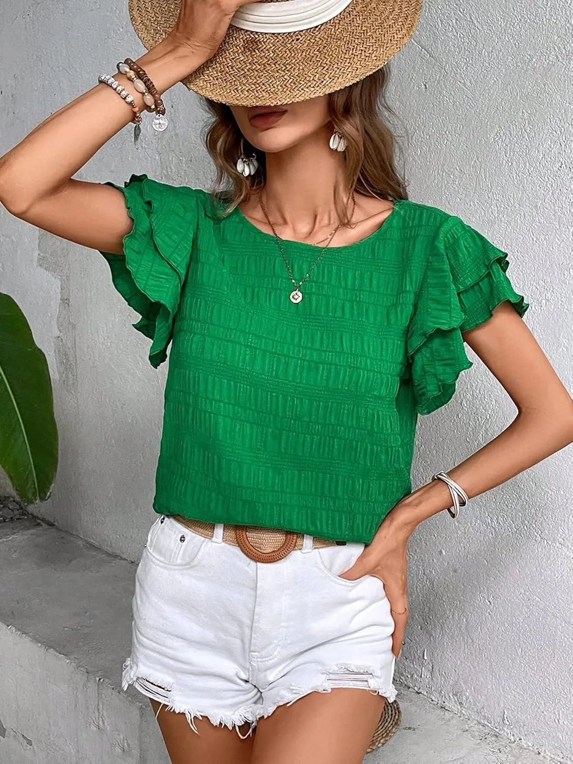 Milumia Women's Layer Ruffle Butterfly Sleeve Top Casual Summer Crewneck Blouse