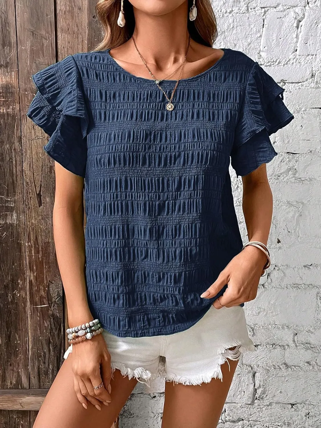 Milumia Women's Layer Ruffle Butterfly Sleeve Top Casual Summer Crewneck Blouse