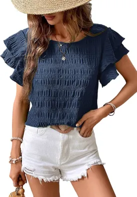 Milumia Women's Layer Ruffle Butterfly Sleeve Top Casual Summer Crewneck Blouse