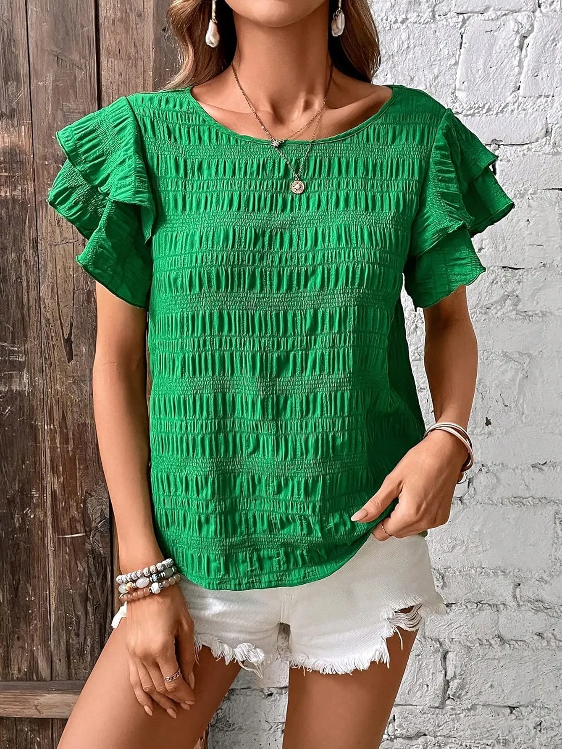 Milumia Women's Layer Ruffle Butterfly Sleeve Top Casual Summer Crewneck Blouse