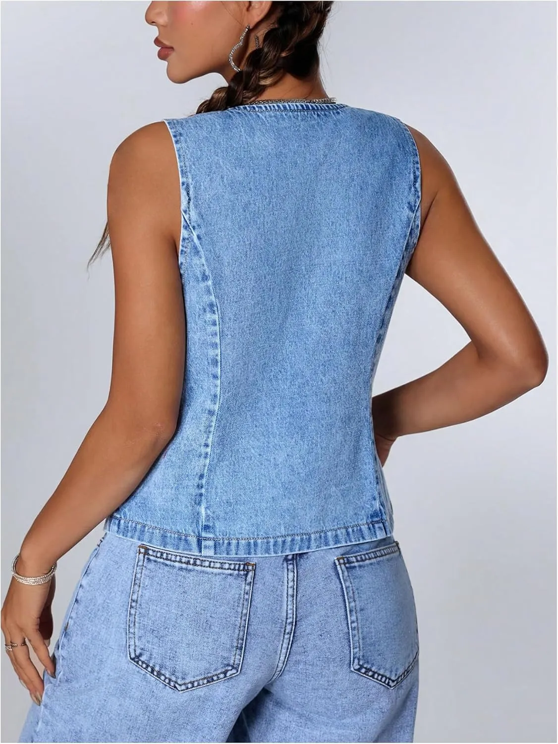 Milumia Women's Tie Bow Front Deep V Neck Denim Vest Sleeveless Jean Jacket