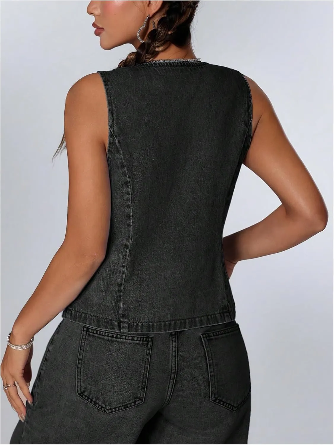Milumia Women's Tie Bow Front Deep V Neck Denim Vest Sleeveless Jean Jacket