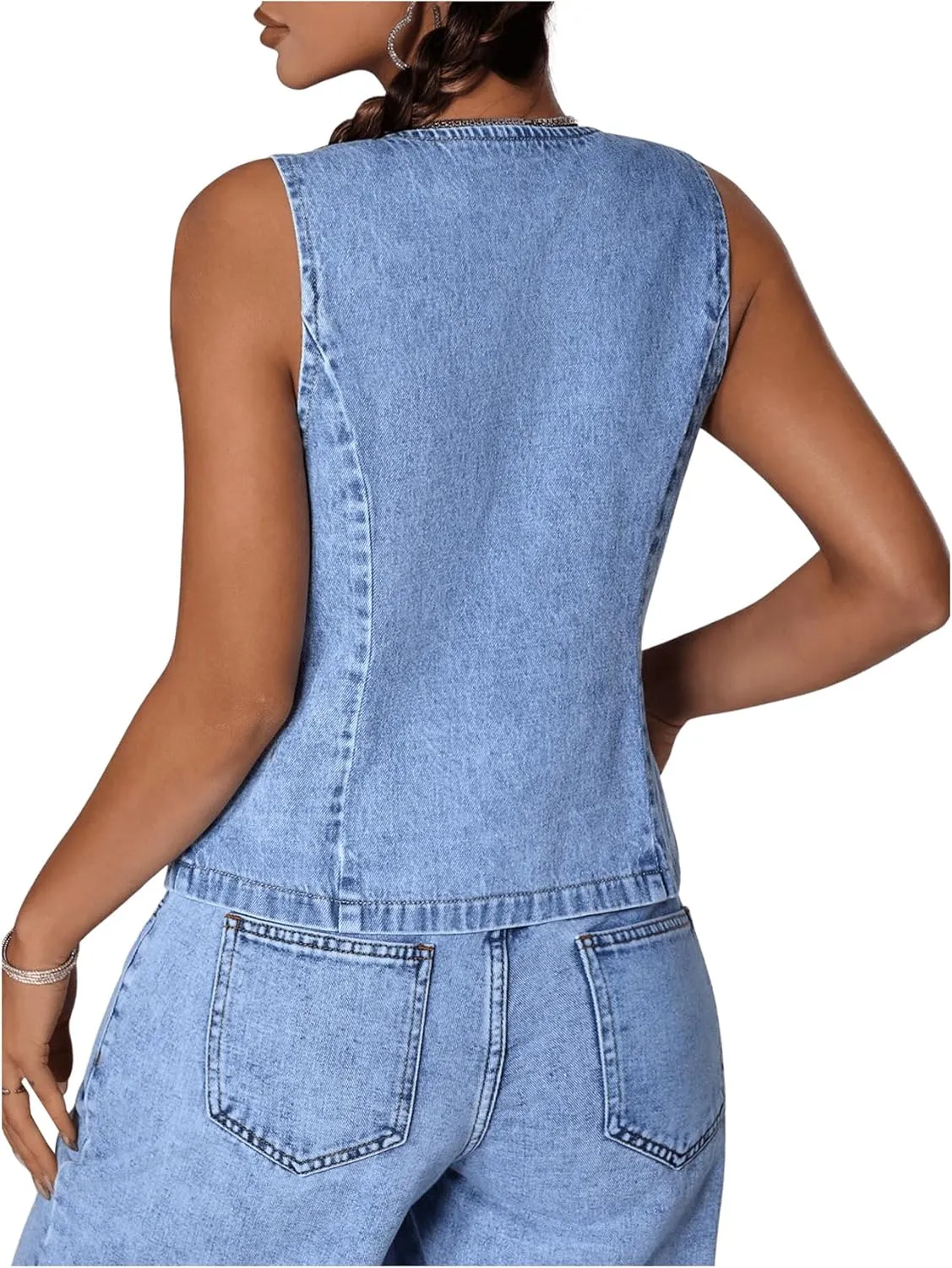 Milumia Women's Tie Bow Front Deep V Neck Denim Vest Sleeveless Jean Jacket