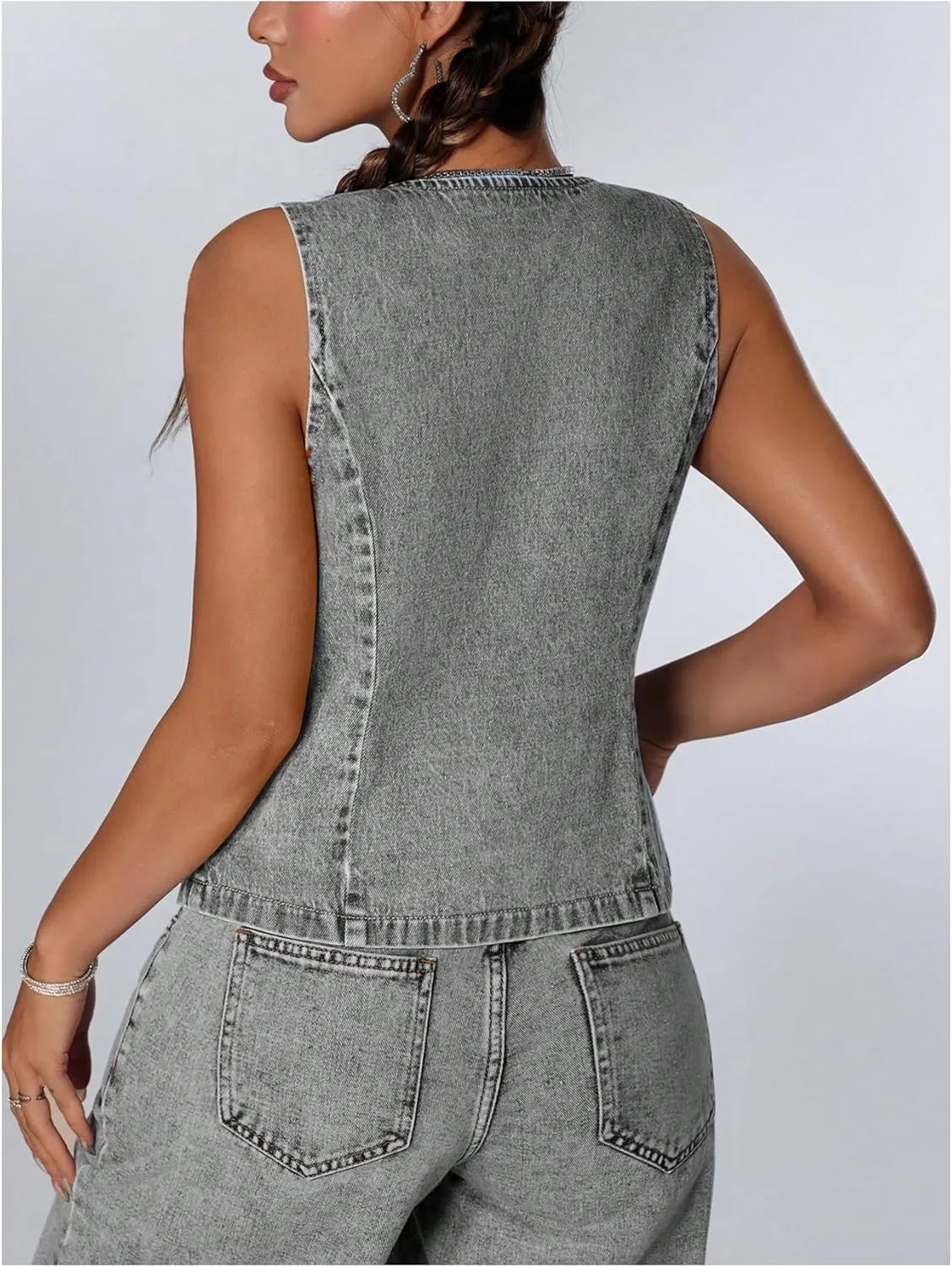 Milumia Women's Tie Bow Front Deep V Neck Denim Vest Sleeveless Jean Jacket