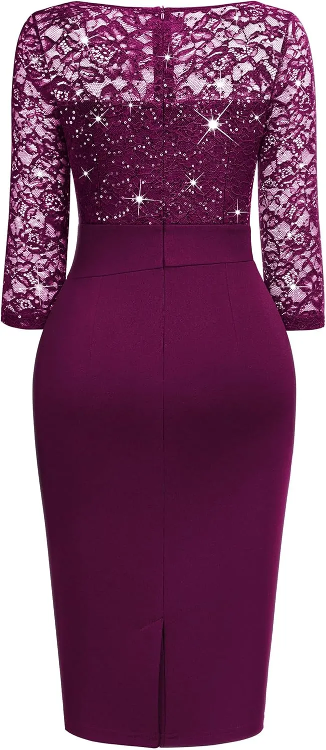 Miusol Women's Elegant Scoop Neck Glitter Sequin Lace Cocktail Party Dress