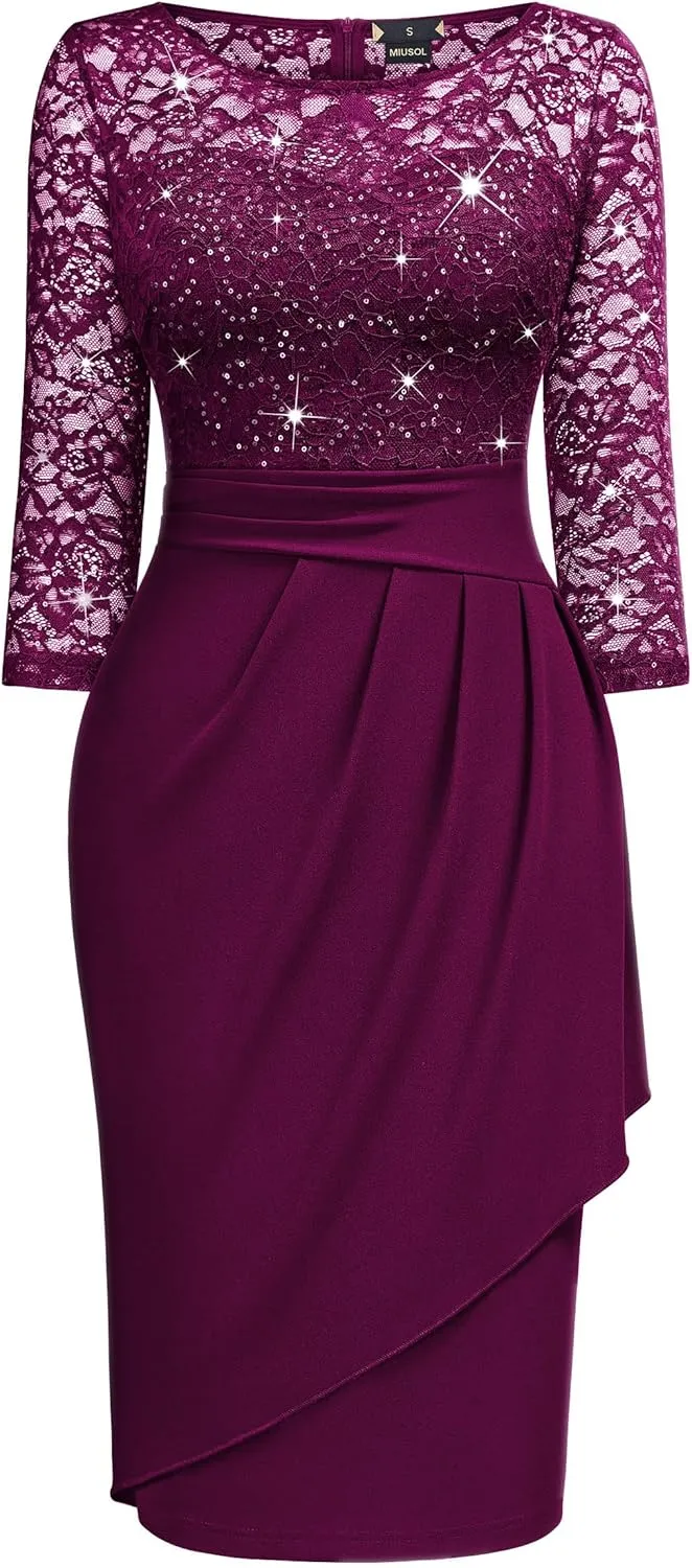 Miusol Women's Elegant Scoop Neck Glitter Sequin Lace Cocktail Party Dress