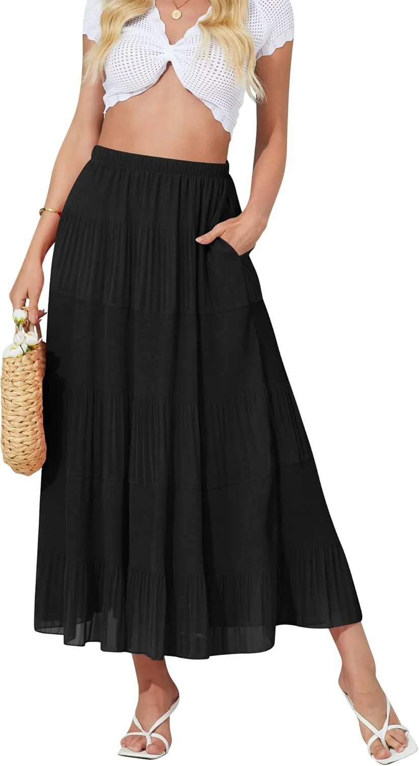 NASHALYLY Women's High Waisted Maxi Skirt,Elastic Chiffon Boho Long Skirt with Pockets